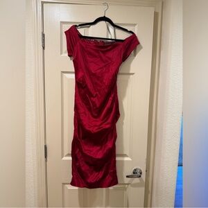 Talk of the Walk Red Off Shoulder Ruched Midi Dress – Size 10